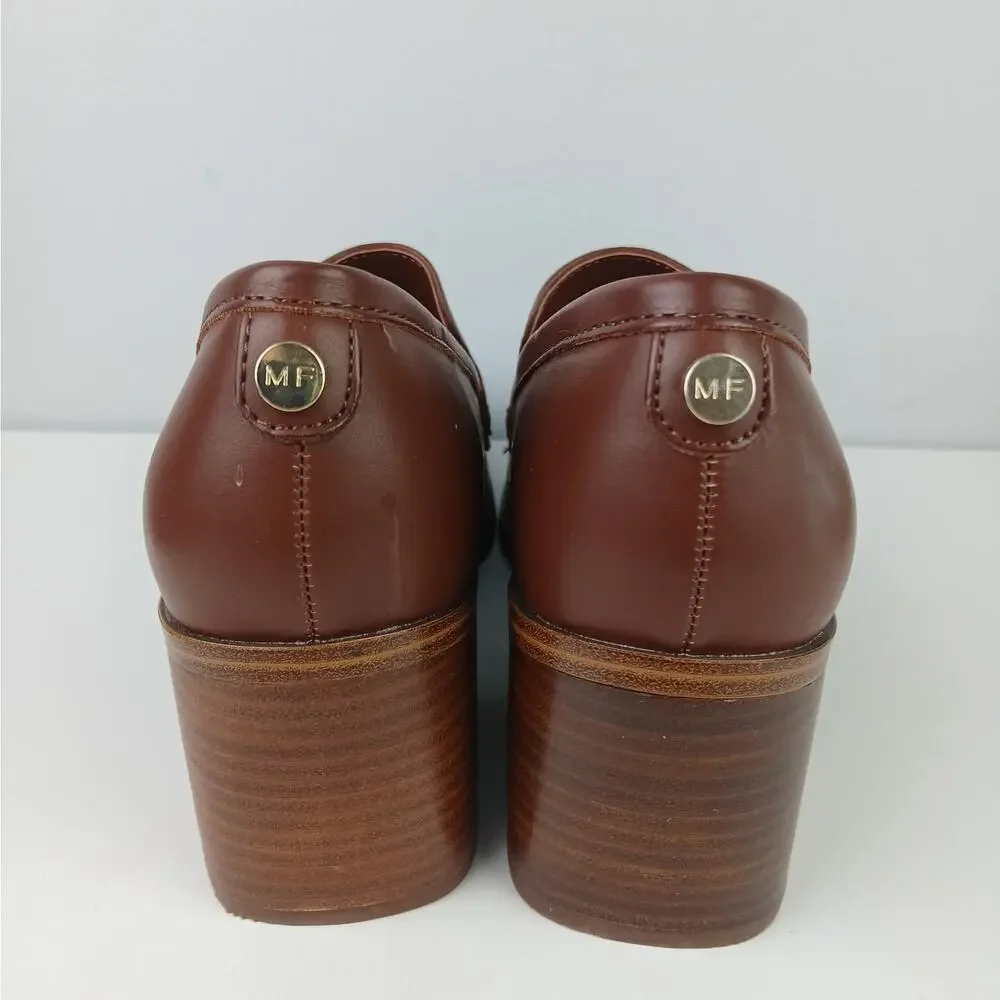 Marc Fisher Women's SZ 7.5 Vegan Leather Kchris Heeled Loafers In Brown NEW